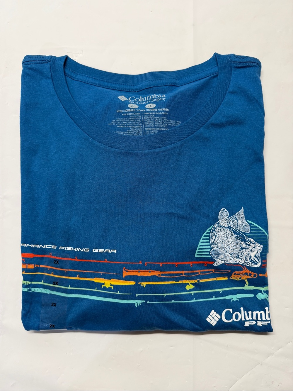Columbia Blue Short-Sleeve Fishing Graphic Tee with Multicolor Rod Stripes